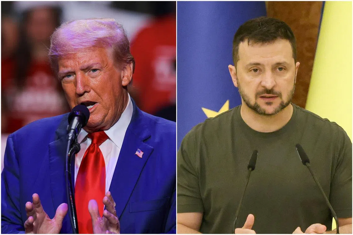 Republican presidential candidate Donald Trump (left) said on Sept 23 that Ukrainian President Volodymyr Zelenskiy want the Democrats to win the 2024 US elections.