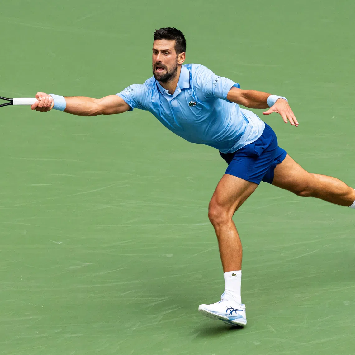 FILE PHOTO: Sep 5, 2025; Flushing, NY, USA; Novak Djokovic of Serbia in action against Carlos Alcaraz of Spain in the semifinal of the men?s singles at the US Open at Arthur Ashe Stadium in Billie Jean King National Tennis Center. Mandatory Credit: Mike Frey-Imagn Images/File Photo