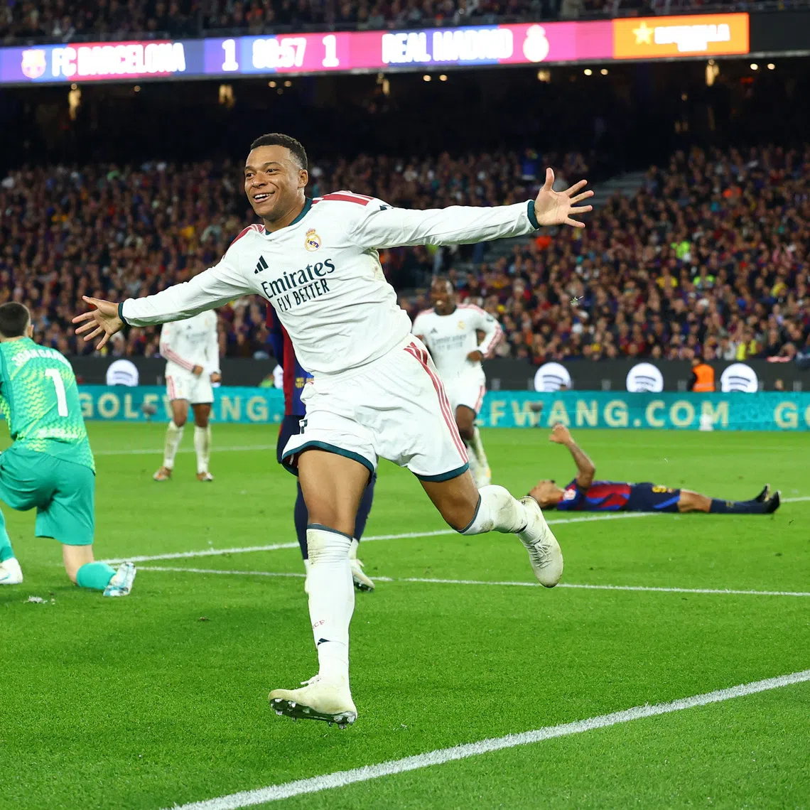 Real Madrid’s Kylian Mbappe celebrates after scoring a late winner against Barcelona on Oct 25.