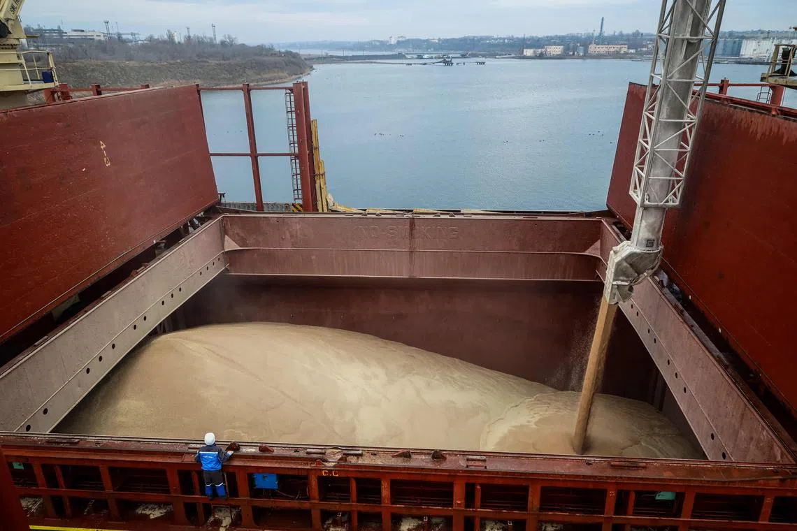 A February 2023 photo shows a UN-chartered vessel being loaded with Ukrainian wheat bound for Kenya and Ethiopia.