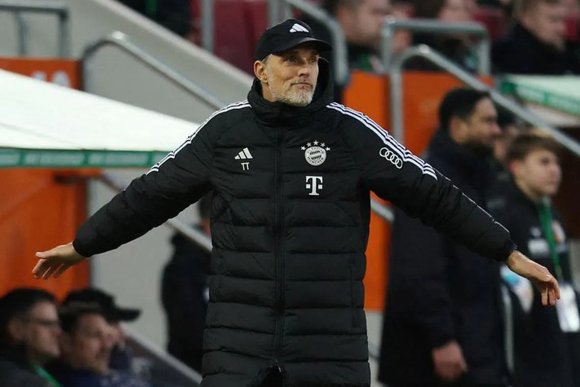FILE PHOTO: Soccer Football - Bundesliga - FC Augsburg v Bayern Munich - WWK Arena, Augsburg, Germany - January 27, 2024 Bayern Munich coach Thomas Tuchel reacts REUTERS/Leonhard Simon/File Photo
