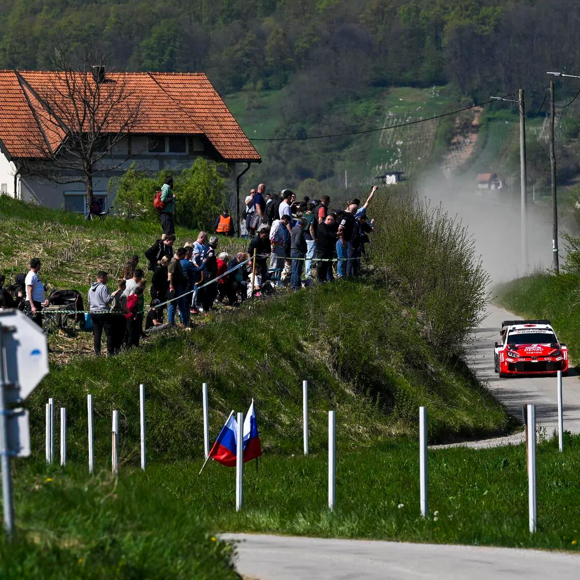 Takamoto Katsuta of Japan drives his Toyota GR Yaris Rally1 on day 2 of the Croatia Rally, part of the World Rally Championship (WRC), in Rijeka Korzo on April 11, 2026.