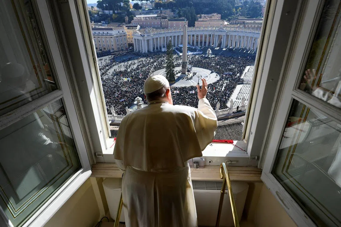 FILE PHOTO: Pope Francis leads the Angelus prayer from his window, at the Vatican, November 24, 2024. Vatican Media/­Handout via REUTERS/File Photo