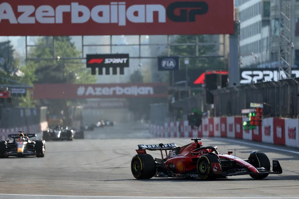 Ferrari's driver Charles Leclerc steers his car during the sprint race ahead of the Formula One Azerbaijan Grand Prix.