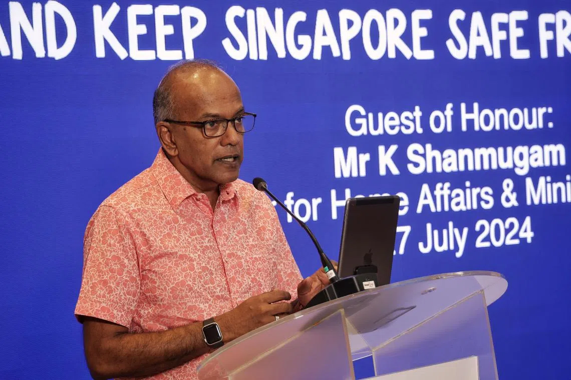 Minister for Home Affairs and Law K Shanmugam delivering his opening remarks at the SGSecure Roadshow at Suntec City on July 27.