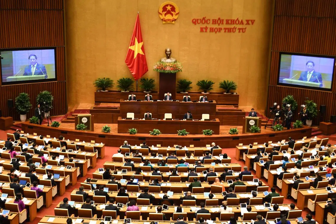 Vietnam's parliament in session in October 2022. Vietnam's National Assembly voted on Jan 5 to dismiss two deputy prime ministers.