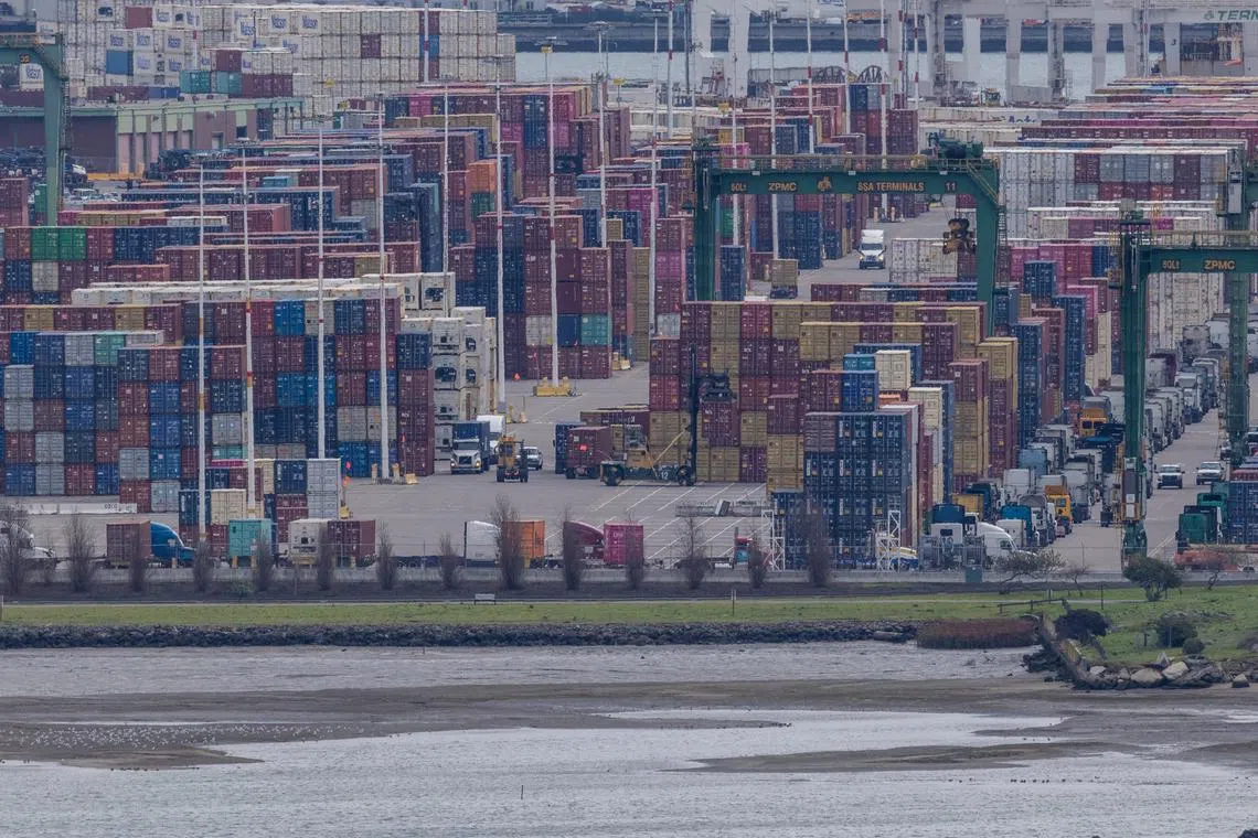 FILE PHOTO:  Shipping containers are seen at the port of Oakland as trade tensions escalate over U.S. tariffs, in Oakland, California, U.S., February 3, 2025. REUTERS/Carlos Barria/File Photo