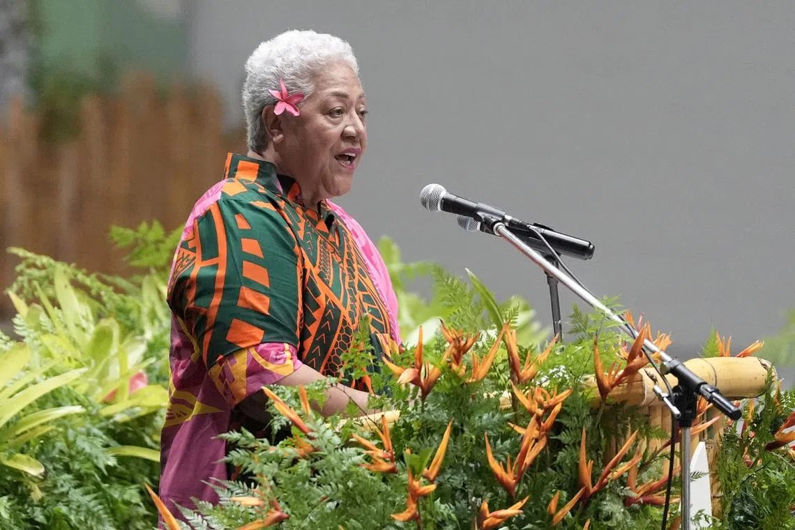FILE PHOTO: Samoan Prime Minister Afioga Fiame Naomi Mata'afa speaks at a Welcome Reception and State Banquet at Apia Park during the Commonwealth Heads of Government Meeting in Samoa. Picture date: Thursday October 24, 2024. Stefan Rousseau/Pool via REUTERS/File photo