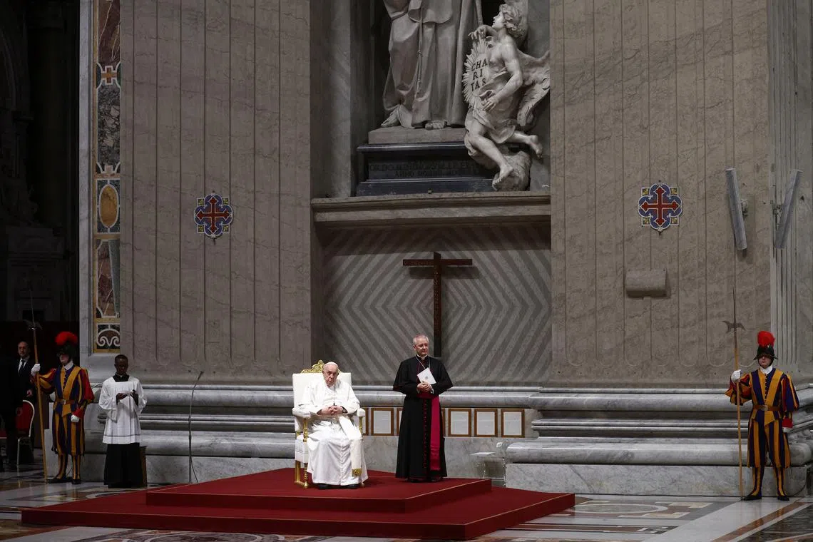 FILE PHOTO: Pope Francis leads a prayer service for peace in St. Peter's Basilica at the Vatican, October 27, 2023. REUTERS/Guglielmo Mangiapane/File Photo