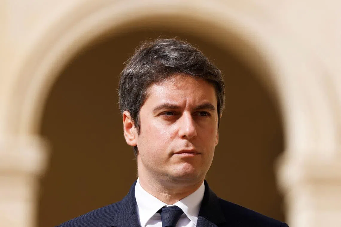 France's Prime Minister Gabriel Attal attends a \"national tribute\" ceremony for late French politician and admiral, Philippe de Gaulle, son of Charles de Gaulle, at the Hotel des Invalides in Paris, France on March 20, 2024.  LUDOVIC MARIN/Pool via REUTERS/ File photo