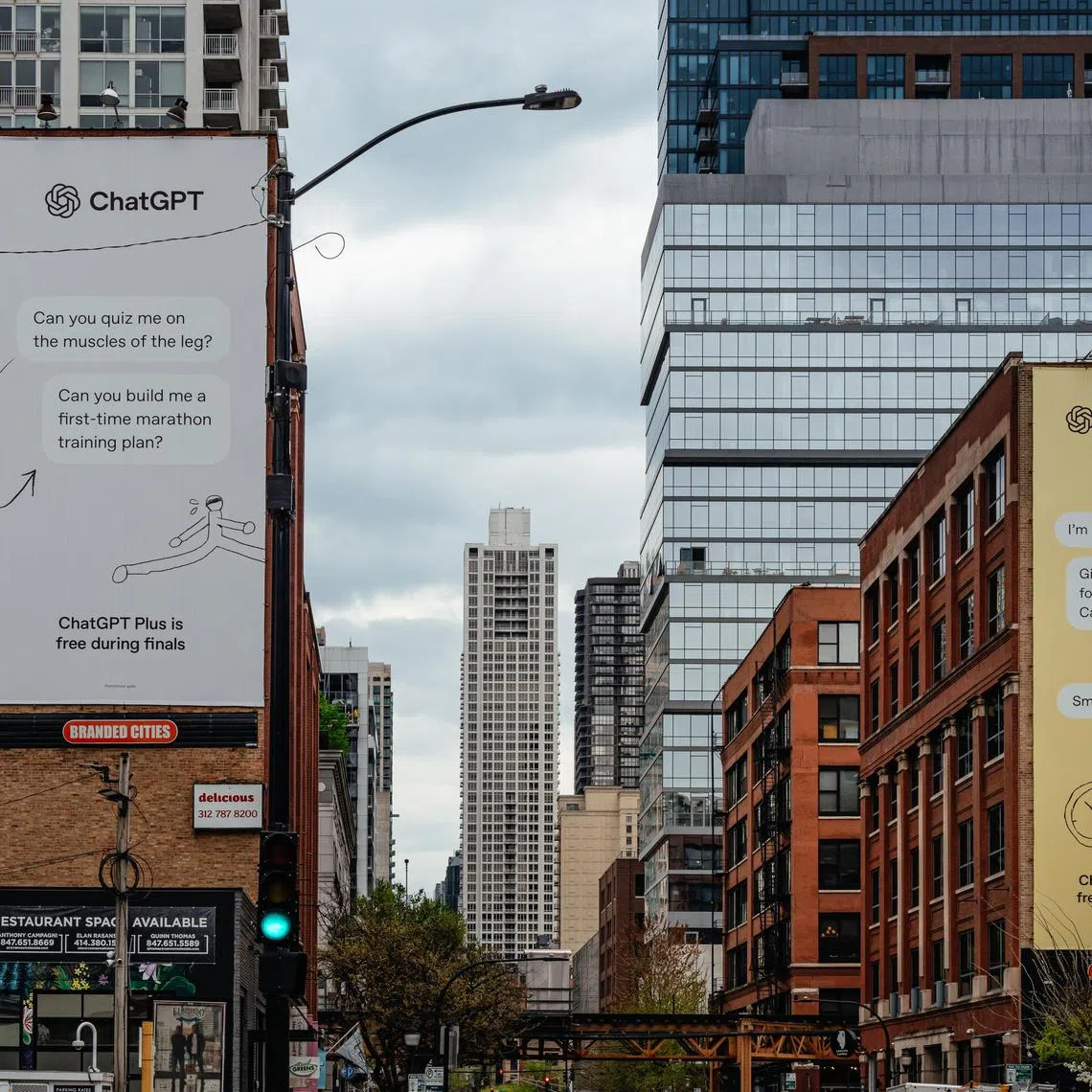 Billboards for ChatGPTÕs ad campaign aimed at college students hang on buildings in ChicagoÕs River North neighborhood on April 23, 2025. OpenAI, the firm that helped spark chatbot cheating, wants to embed artificial intelligence in every facet of college. (Jamie Kelter Davis/The New York Times)