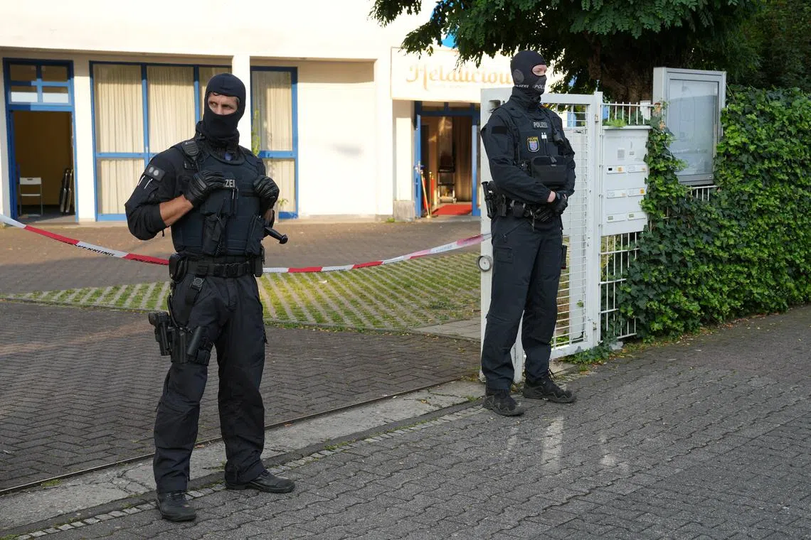 Police secures the area at the \"Zentrum der islamischen Kultur Frankfurt e.V.\" after Germany's interior ministry has banned the Islamic Centre Hamburg (IZH) association and its subsidiary organizations, saying it pursues radical Islamist goals in Frankfurt, Germany, July 24, 2024.    REUTERS/Maximilian Schwarz