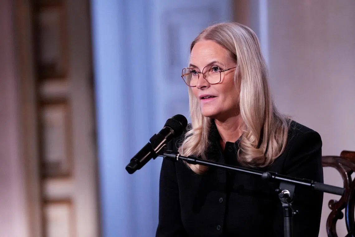 Norway's Crown Princess Mette-Marit speaks during this year's Fosse Lecture at the Palace, in Oslo, Norway, April 23, 2026. NTB/Javad Parsa via REUTERS/File Photo