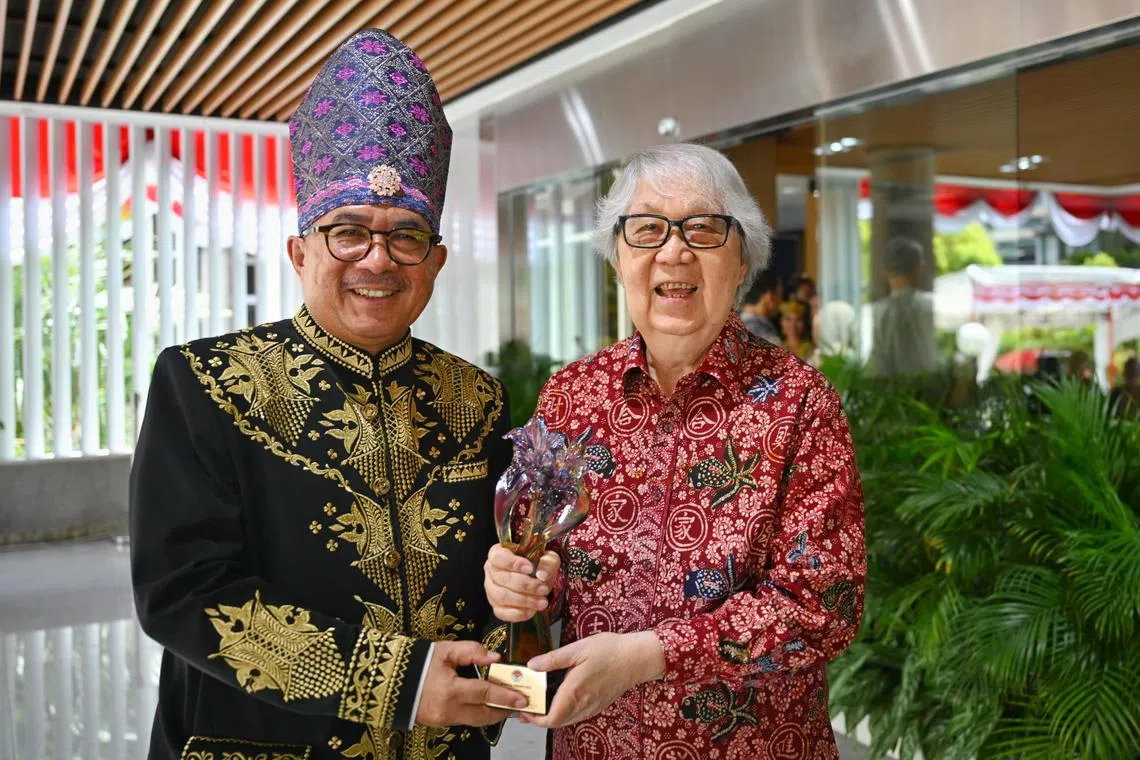 Professor Tommy Koh (right) with Indonesia's Ambassador to Singapore Suryo Pratomo, after being given the Adinata Award at the Embassy of Indonesia in Singapore on Aug 17.