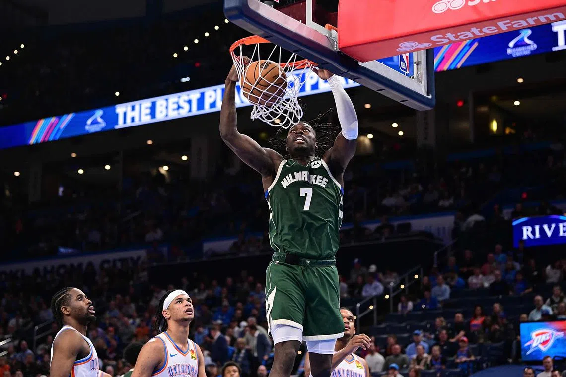 Chris Livingston of the Milwaukee Bucks dunks the ball during the second half against the Oklahoma City Thunder at Paycom Centre on Feb 3, 2025.