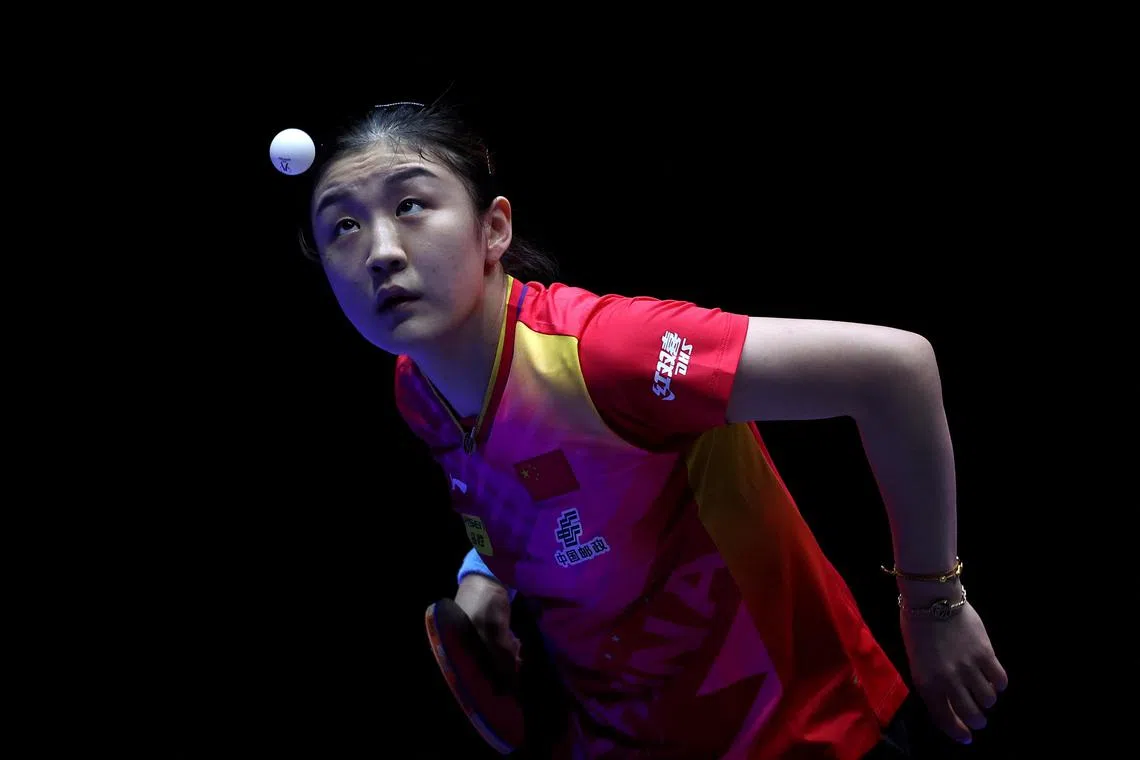 China's Chen Meng serving to Uzbekistan's Rimma Gufranova at the World Team Table Tennis Championships in Busan on Feb 17, 2024.