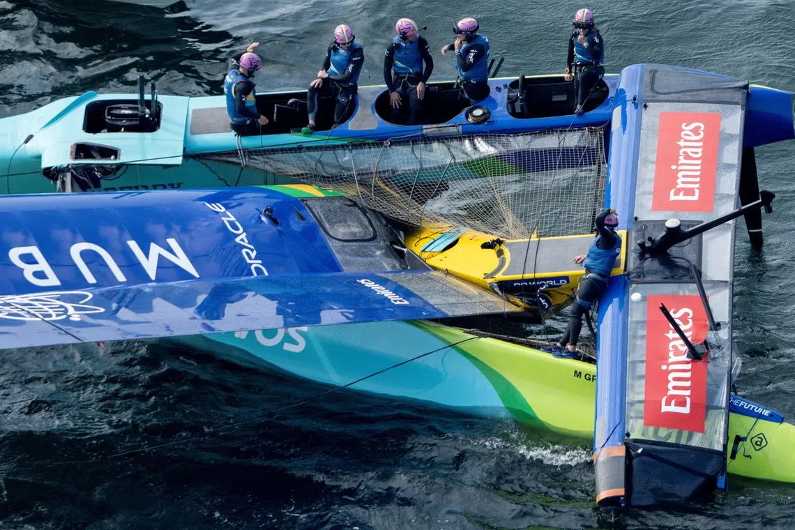 Aerial view of the Mubadala Brazil SailGP Team F50 catamaran after its sail collapses following an incident during practice ahead of the Germany Sail Grand Prix in Sassnitz on Aug 15, 2025.