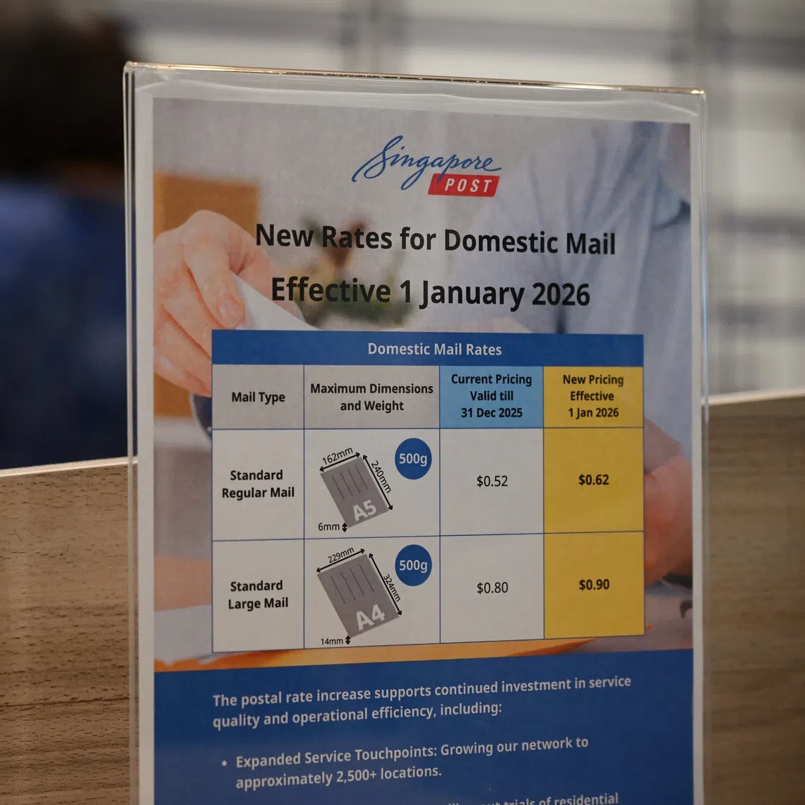 The new rate for standard regular mail and standard large mail will be 62 cents and 90 cents respectively.