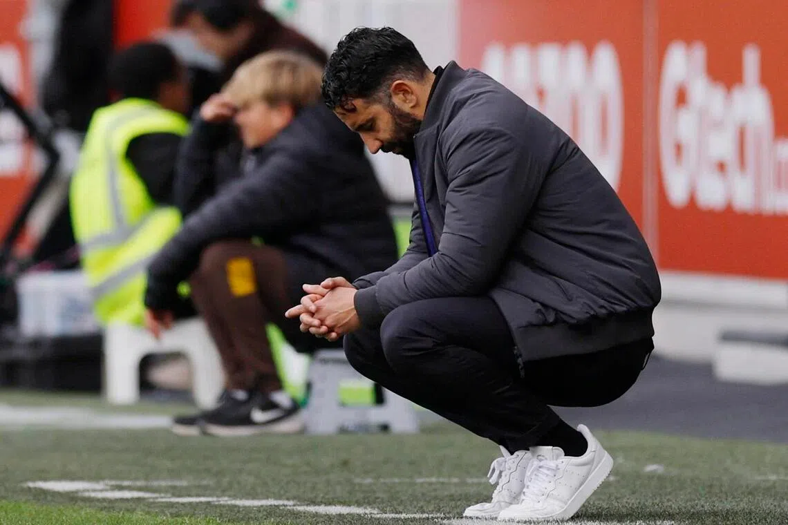 Manchester United manager Ruben Amorim reacting during the 3-1 English Premier League defeat by Brentford at the Brentford Community Stadium on Sept 27, 2025.