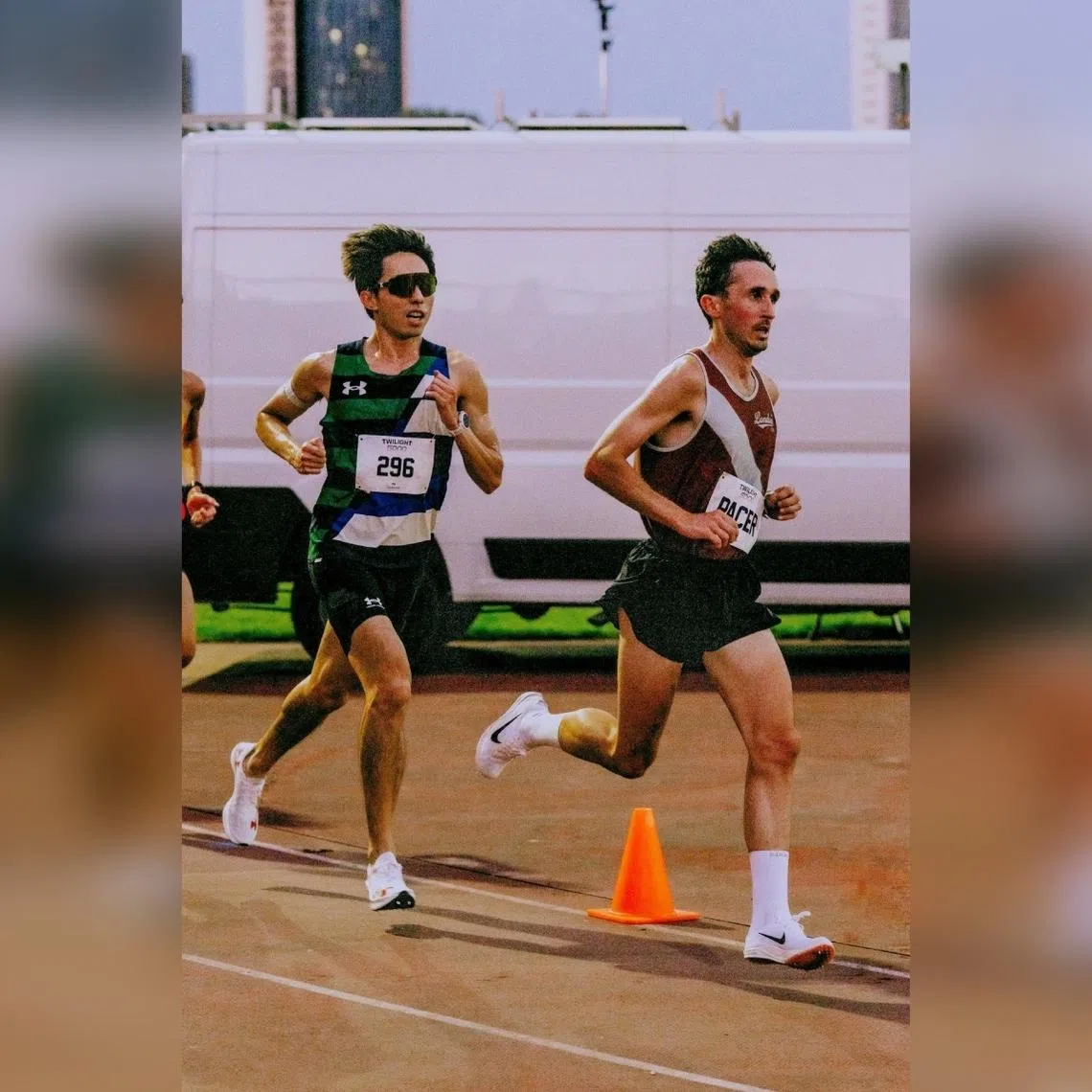 Distance runner Soh Rui Yong (left), with his pacer Andy Fyfe, at the Tracksmith Twilight 5000 event in London, where the Singaporean broke the 5,000m national record.