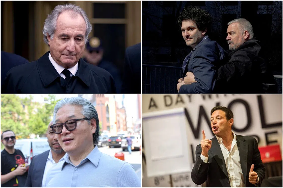 (Clockwise from top left) Bernard Madoff, Sam Bankman-Fried, Jordan Belfort and Bill Hwang.
