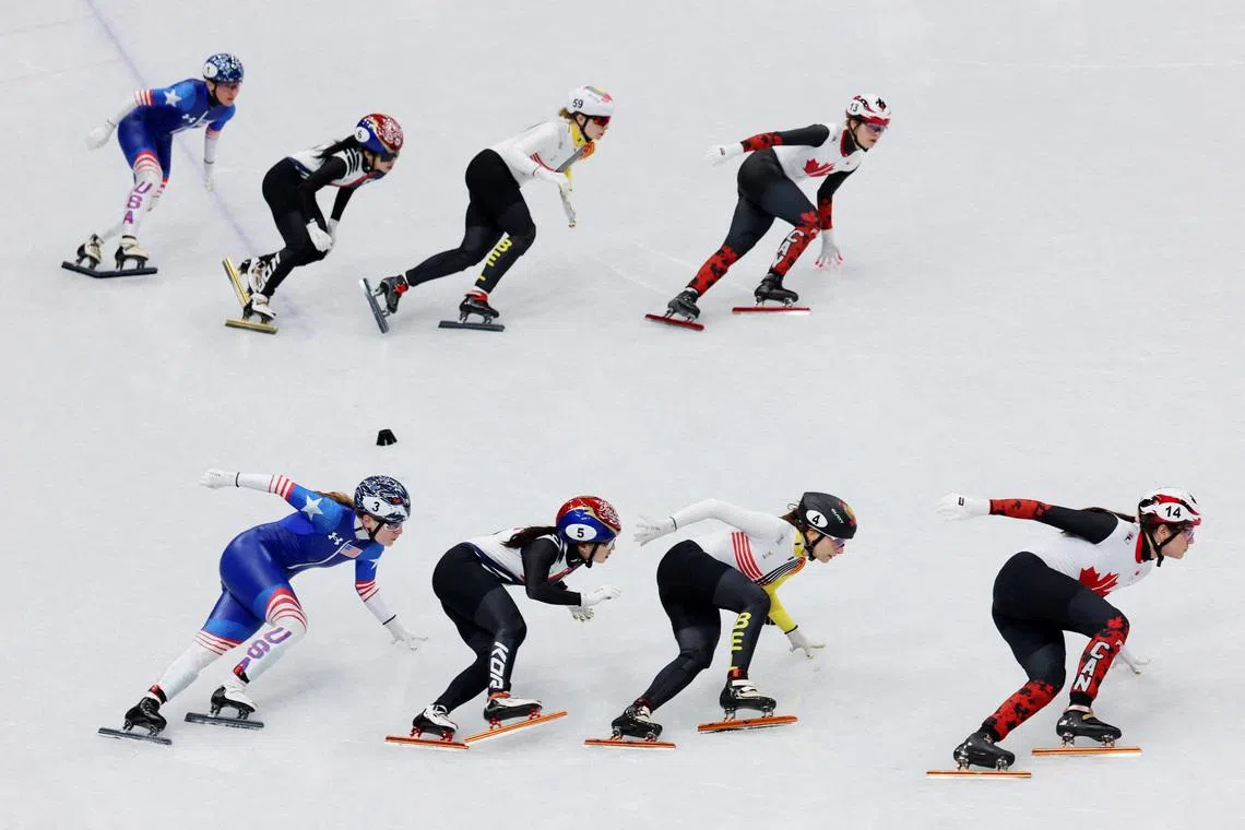 Milano Cortina 2026 Olympics - Short Track Speed Skating - Mixed Team Relay - Semifinals - Milano Ice Skating Arena, Milan, Italy - February 10, 2026. Kim Boutin of Canada, Tineke den Dulk of Belgium, Gilli Kim of South Korea, Kristen Santos-Griswold of United States, Courtney Sarault of Canada, Hanne Desmet of Belgium, Minjeong Choi of South Korea and Corinne Stoddard of United States in action during semifinal 2 REUTERS/Claudia Greco