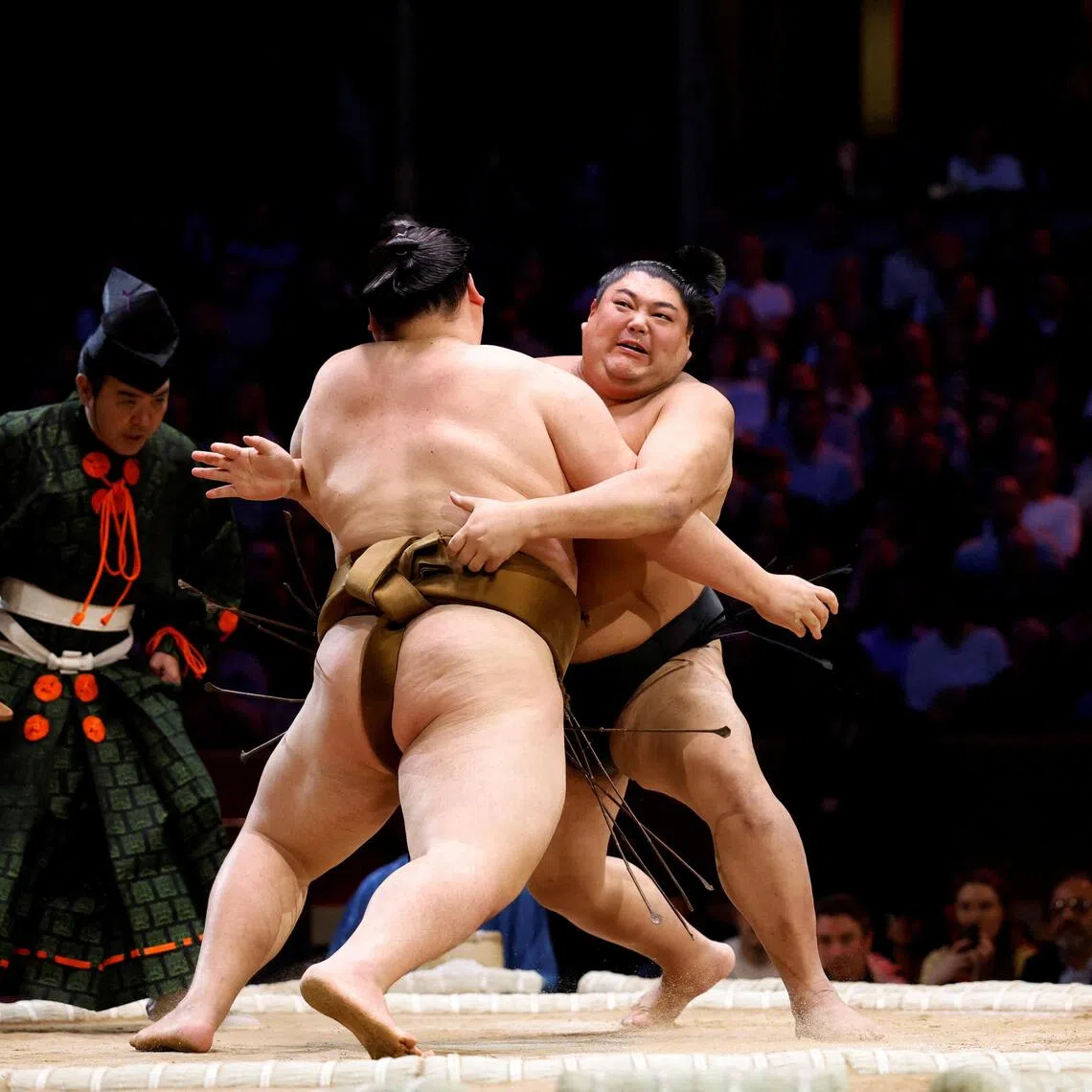 Oho and Abi in action at the Grand Sumo Tournament at the Royal Albert Hall in London. 