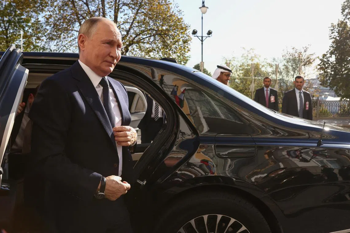 Russia's President Vladimir Putin arrives for a meeting with United Arab Emirates' President Sheikh Mohamed bin Zayed Al Nahyan at the Kremlin in Moscow, Russia October 21, 2024. Sputnik/Artyom Geodakyan/Pool via REUTERS