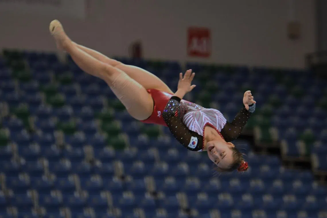 South Korea's 2020 Olympic bronze medallist Yeo Seo-jung practising at the OCBC Arena Hall on June 14, the eve of the  2023 Asian Artistic Gymnastics Championships in Singapore.
