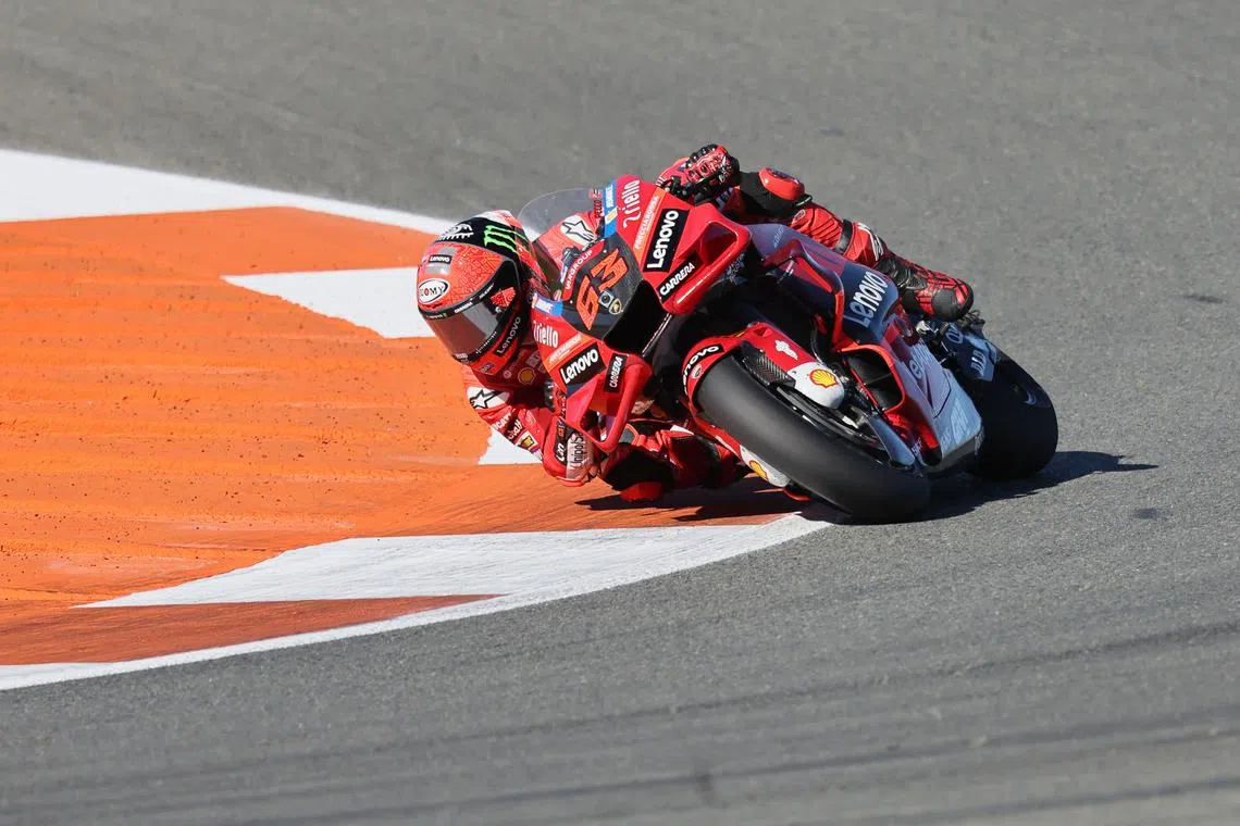 Ducati Italian rider Francesco Bagnaia en route to winning the Valencia MotoGP Grand Prix and world championship at the Ricardo Tormo track in Cheste, near Valencia, on Saturday.