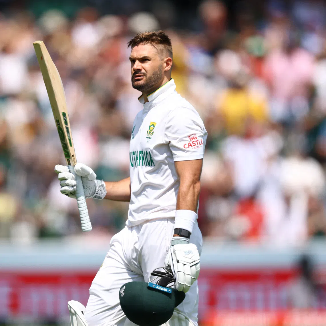 Cricket - 2025 ICC World Test Championship Final - South Africa v Australia - Lord's Cricket Ground, London, Britain - June 14, 2025 South Africa's Aiden Markram raises his bat to acknowledge the crowd. Action Images via Reuters/Andrew Boyers