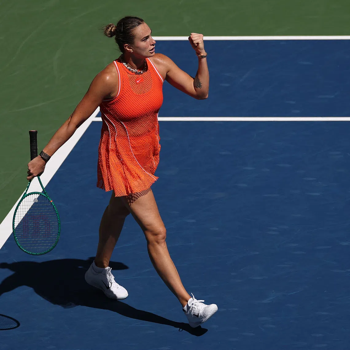Aryna Sabalenka (pictured) reacts against Linda Noskova of Czechia during their match on Day Ten of the 2026 US Open on Sept 8.