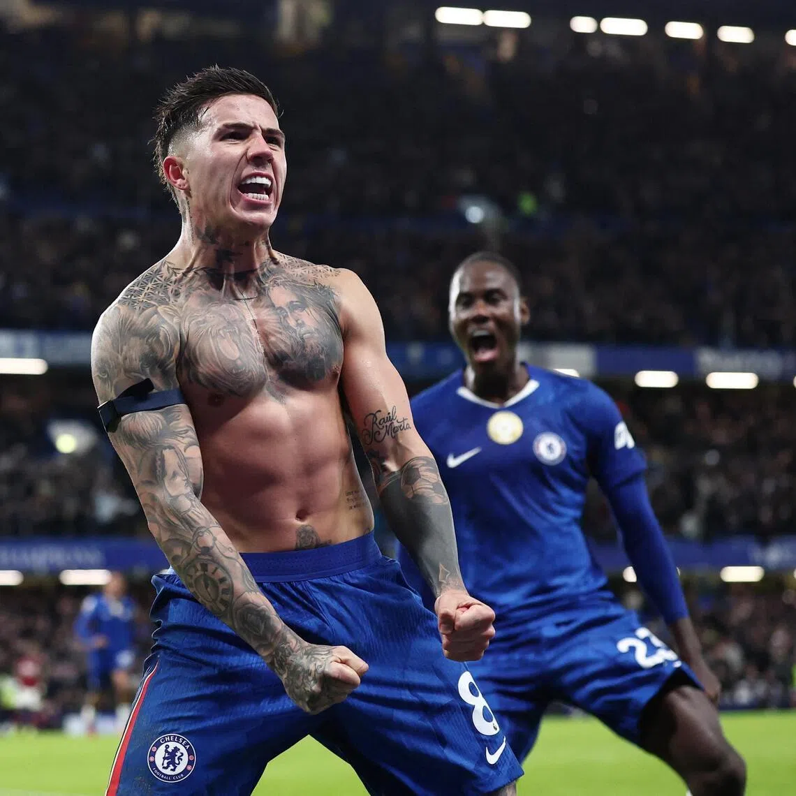 Chelsea's Enzo Fernandez celebrates scoring the winning goal during stoppage time.