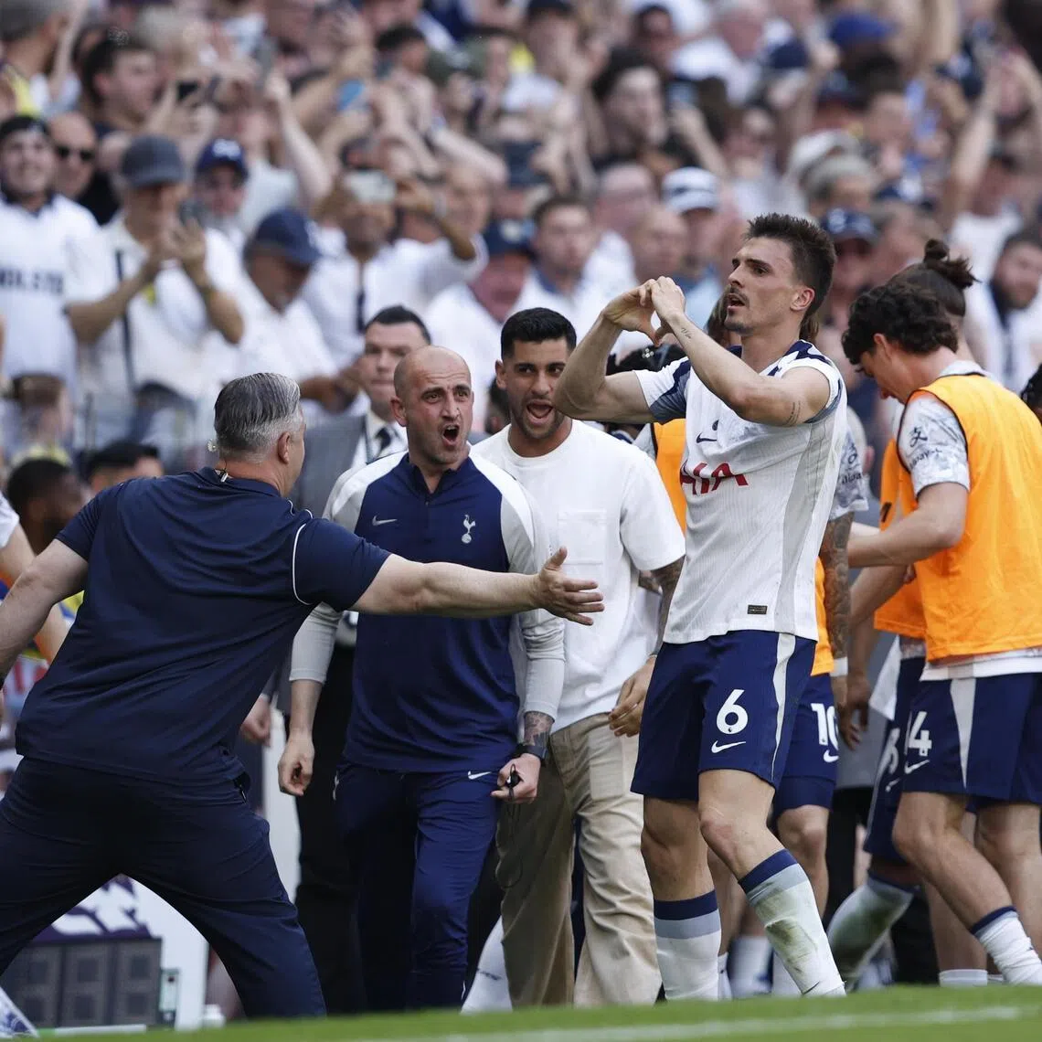Tottenham Hptspur's Joao Palhinha celebrating with teammates and staff after scoring in the 1-0 win over Everton at home on May 24. Victory secured their Premier League status as West Ham United were relegated.