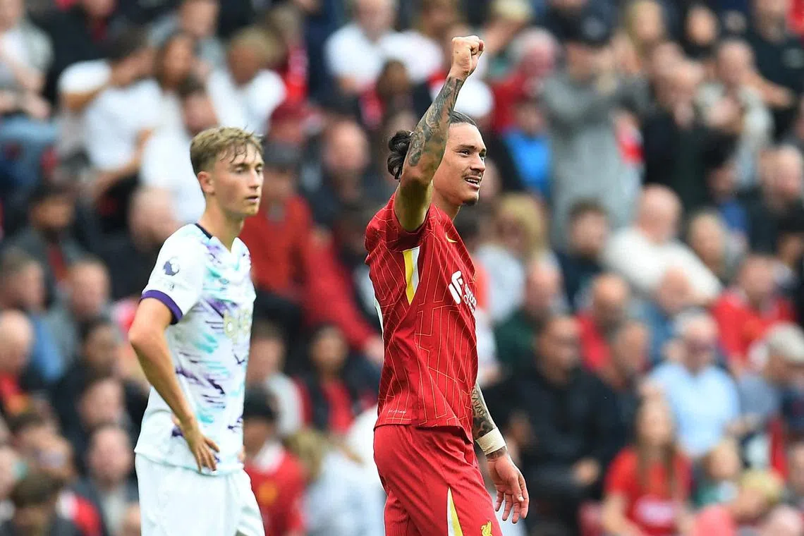 Liverpool's Darwin Nunez celebrates after scoring against Bournemouth in their 3-0 Premier League win.