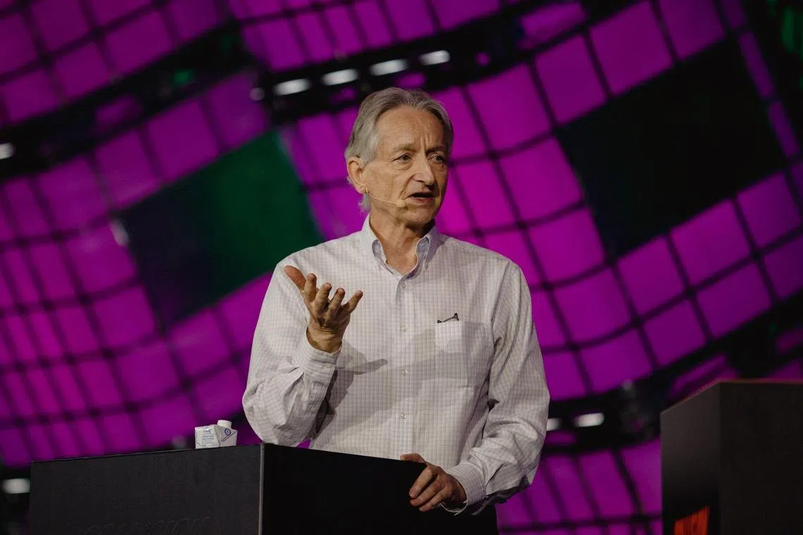 AI researcher Geoffrey Hinton speaking during the Collision conference in Toronto on June 28.