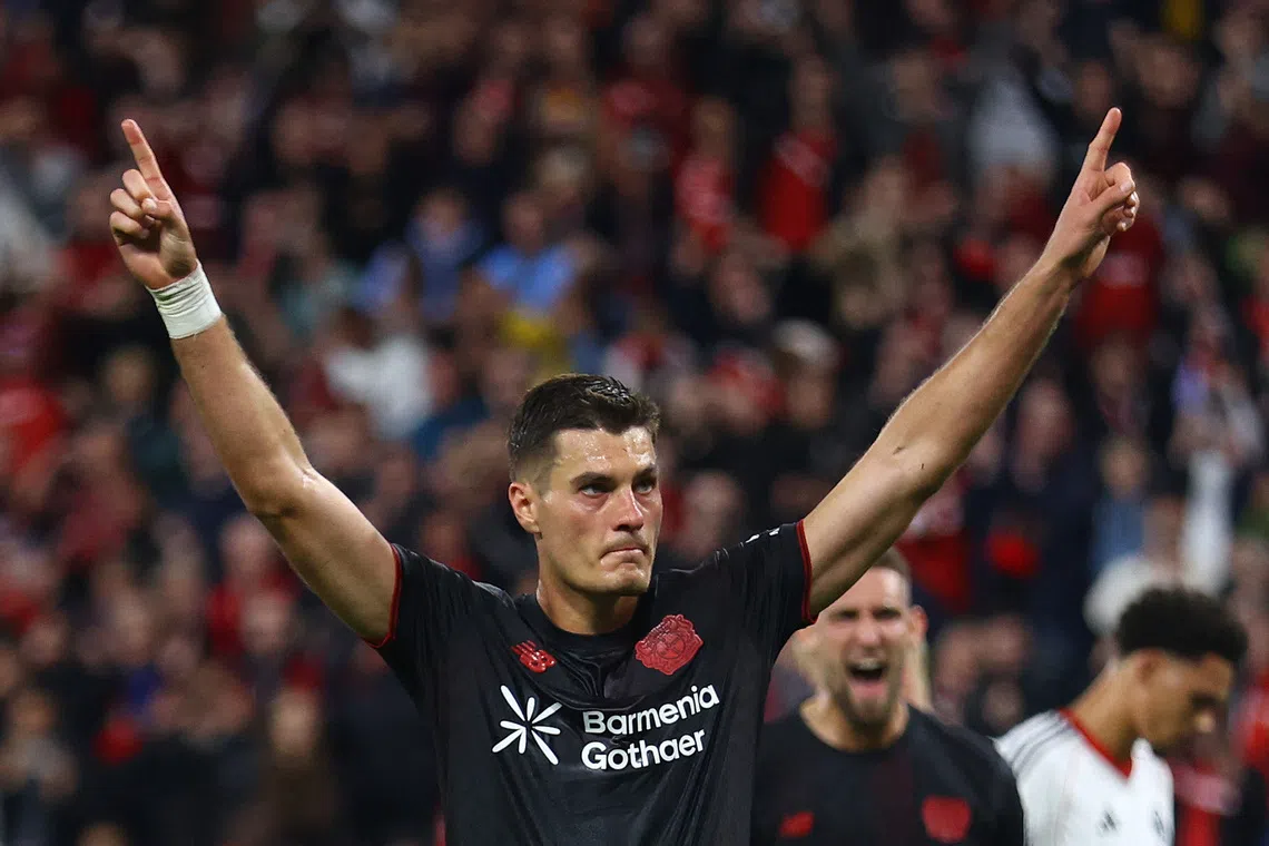Soccer Football - Bundesliga - Bayer Leverkusen v Eintracht Frankfurt - BayArena, Leverkusen, Germany - September 12, 2025 Bayer Leverkusen's Patrik Schick celebrates scoring their second goal REUTERS/Thilo Schmuelgen/File Photo