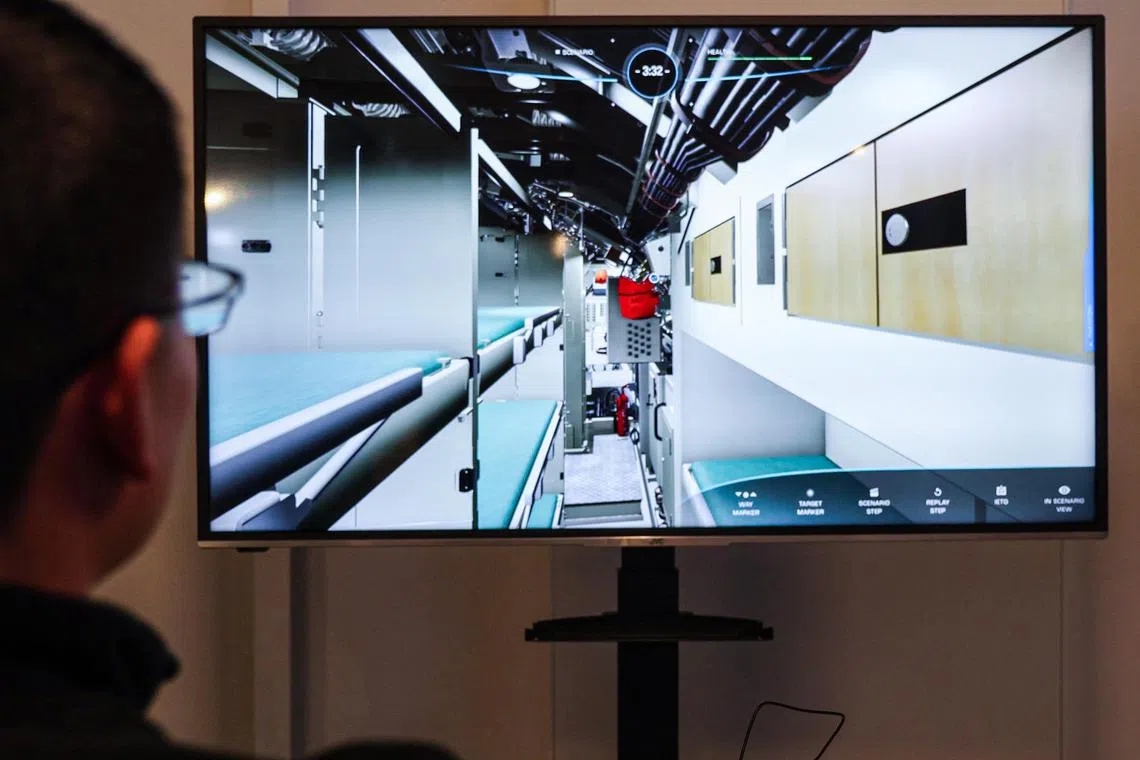 A demonstration of the virtual procedural trainer that allows submariners to orientate and familiarise themselves with the structure and layout of the Invincible-class submarines. 