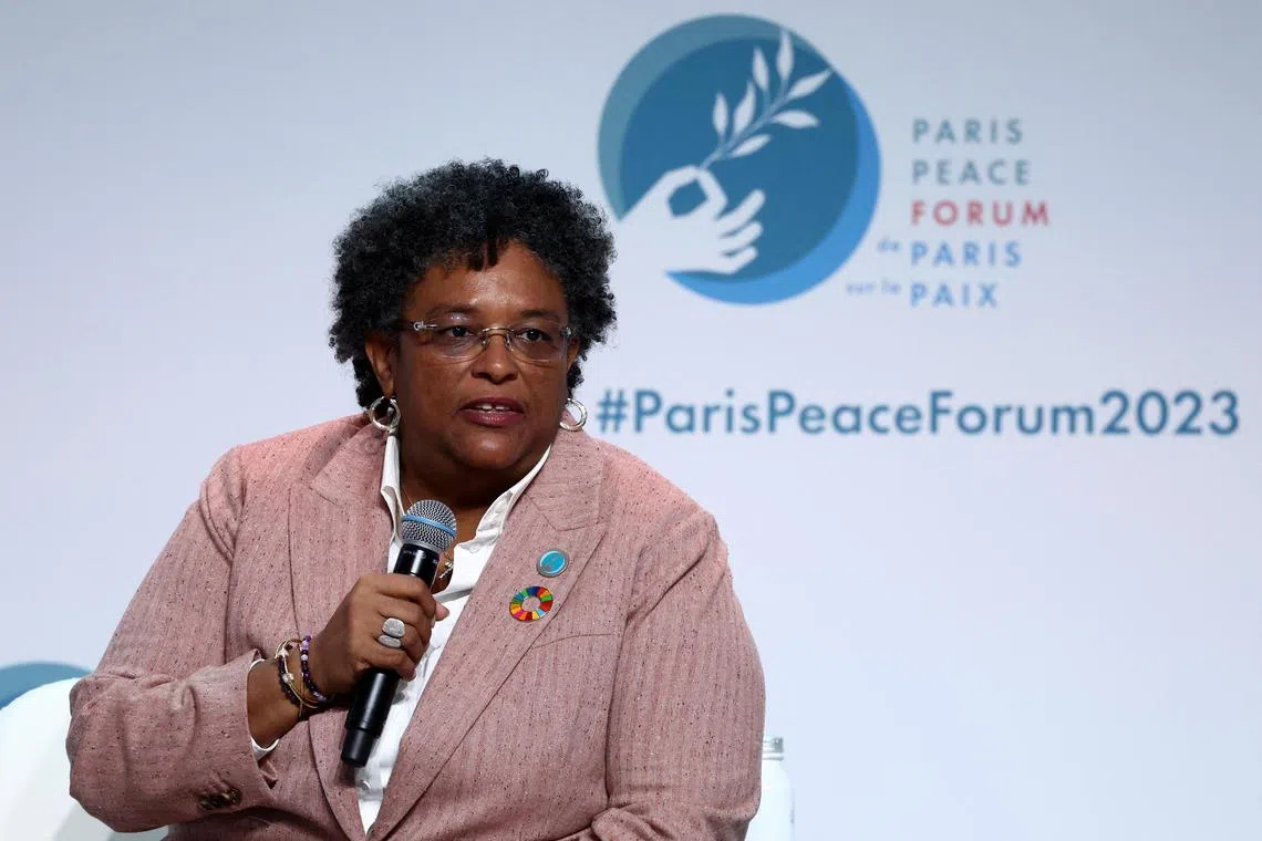 Barbados' Prime Minister Mia Amor Mottley attends the opening ceremony of the 6th edition of the Paris Peace Forum at the Palais Brongniart in Paris, France, November 10, 2023. REUTERS/Stephanie Lecocq/Pool