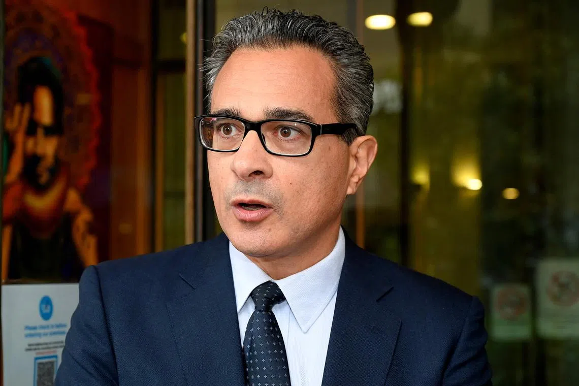 Mr Dennis Miralis, the defence lawyer for former US fighter pilot Daniel Edmund Duggan, talks to media outside the Local Court in Sydney on Nov 4, 2022. Duggan was arrested on Oct 21, the same week the British government issued a rare warning about China's recruitment of retired military pilots. 