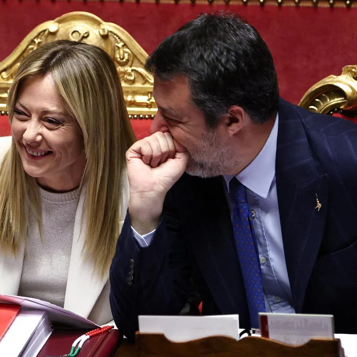 Italy's Prime Minister Giorgia Meloni laughs as she listens to Deputy Prime Minister Matteo Salvini during a session at Italy's Senate in Rome, Italy, March 11, 2026. REUTERS/Matteo Minnella