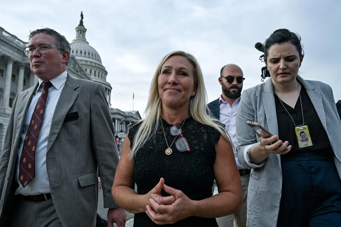 Rep. Marjorie Taylor Greene (R-Ga.) leaves the Capitol after attempting to oust House Speaker Mike Johnson (R-La.) from his post, in Washington on Wednesday, May 8, 2024. Johnson on Wednesday easily batted down an attempt by Greene to oust him from his post, after Democrats linked arms with most Republicans to fend off a second attempt by GOP hard-liners to strip the gavel from their party leader. (Kenny Holston/The New York Times)