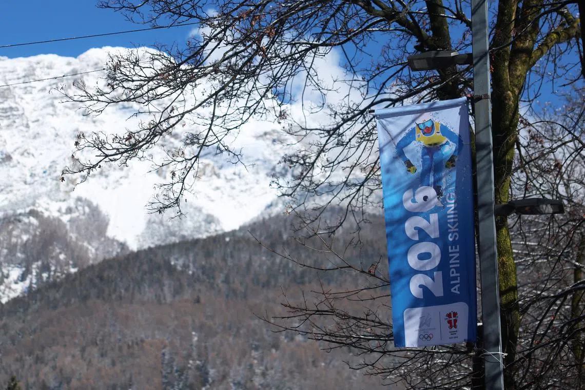 A banner depicting the logo for Milano Cortina Winter Olympic Games 2026 in Bormio which will host the alpine skiing competitions part of the Milano Cortina Winter Olympic Games 2026, in Bormio, Italy, January 29, 2025. REUTERS/Claudia Greco