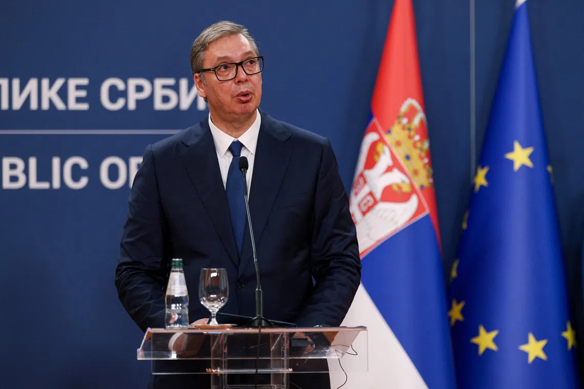 FILE PHOTO: Serbian President Aleksandar Vucic speaks during a press conference with Ukrainian President Volodymyr Zelenskiy (not pictured) during Zelenskiy's visit to Belgrade, Serbia, August 8, 2026. REUTERS/Marko Djurica/File Photo