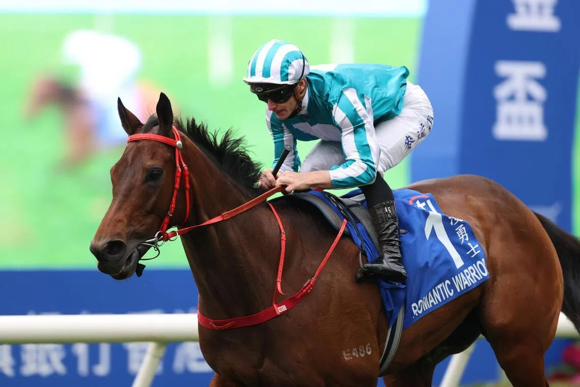 Hong Kong superstar Romantic Warrior is eased down to the line by James McDonald as they rout their five rivals in the Group 1 The Citi Hong Kong Gold Cup (2,000m) at Sha Tin on March 1.

