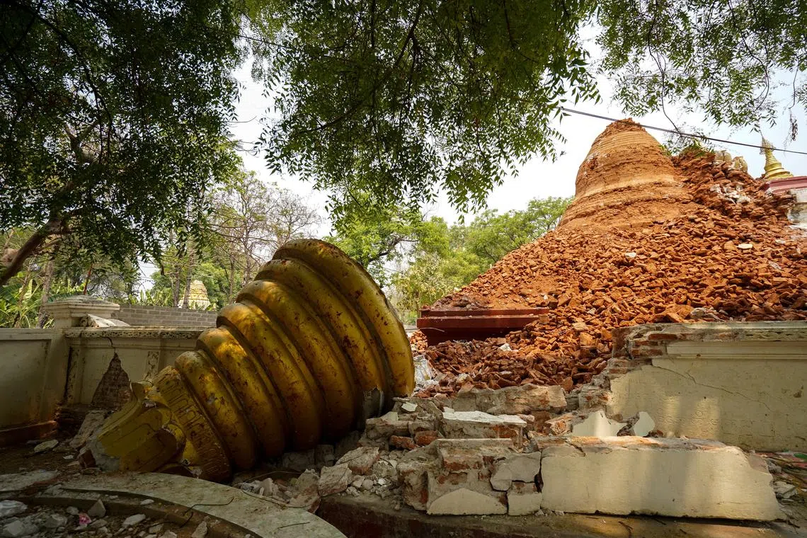 A damaged pagoda is seen following a strong earthquake in Amarapura township, Myanmar, April 4, 2025. REUTERS/Stringer