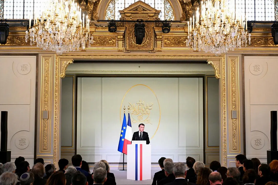 France's President Emmanuel Macron speaks during a ceremony commemorating the 20th anniversary of the murder of Ilan Halimi, a 23-year-old French Jew who was tortured and murdered in 2006, at The Elysee Presidential Palace in Paris, France, February 13, 2026.     BERTRAND GUAY/Pool via REUTERS