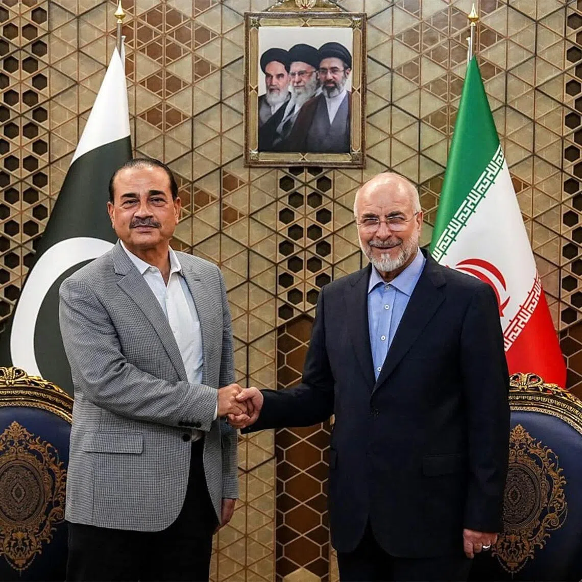 Iran’s Parliament Speaker Mohammad Bagher Ghalibaf (right) meeting Pakistan’s Army Chief Syed Asim Munir in Tehran on May 23.