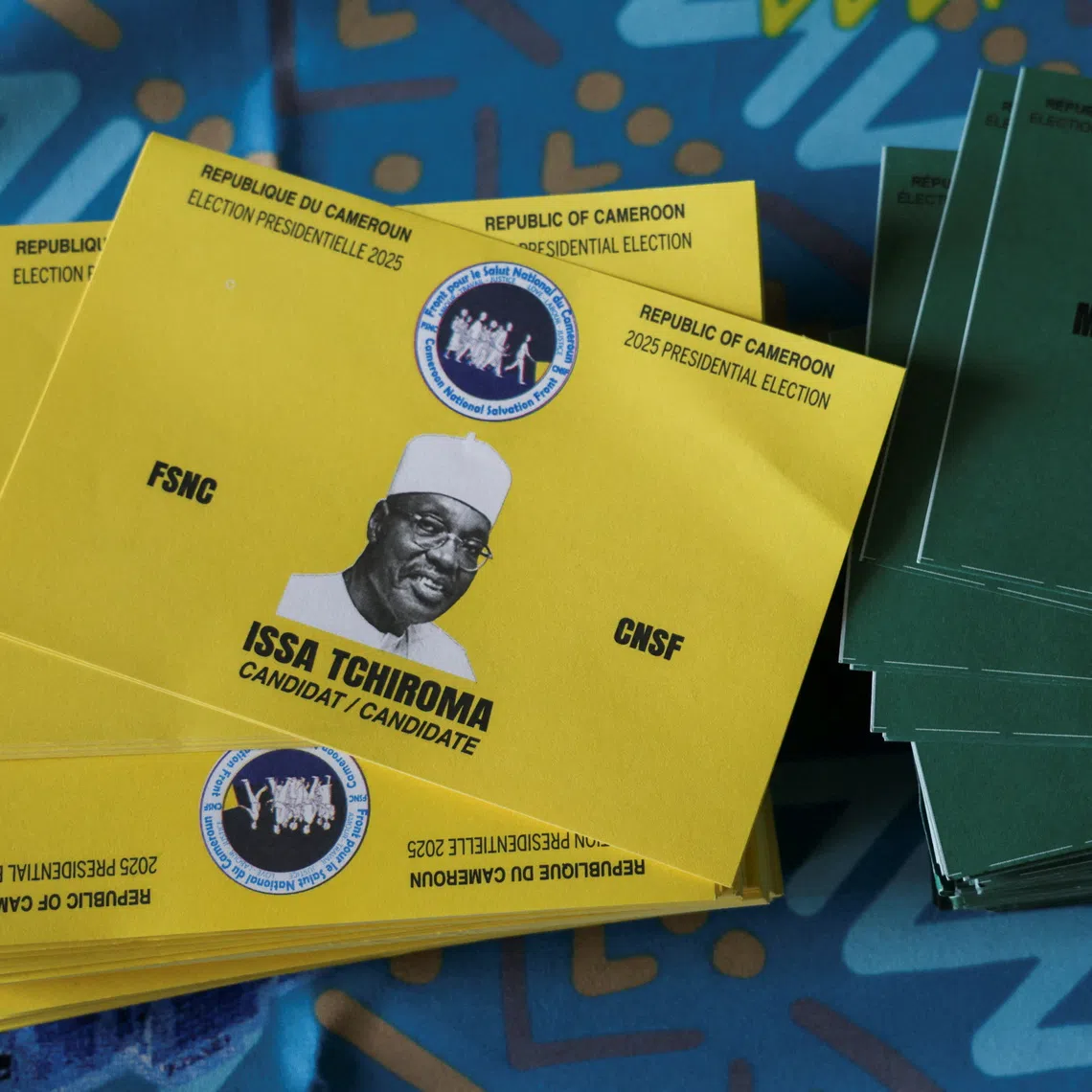 Candidate cards for presidential candidate Issa Tchiroma Bakary of the Cameroon National Salvation Front (FSNC), are displayed at a polling station on the day of the presidential election, in Garoua, Cameroon, October 12, 2025. REUTERS/Desire Danga Essigue
