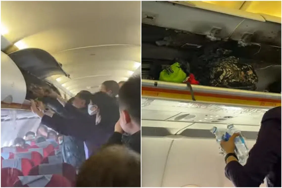 Social media videos circulating online showed a charred set of overhead lockers on the aircraft, pointing to a power bank fire.